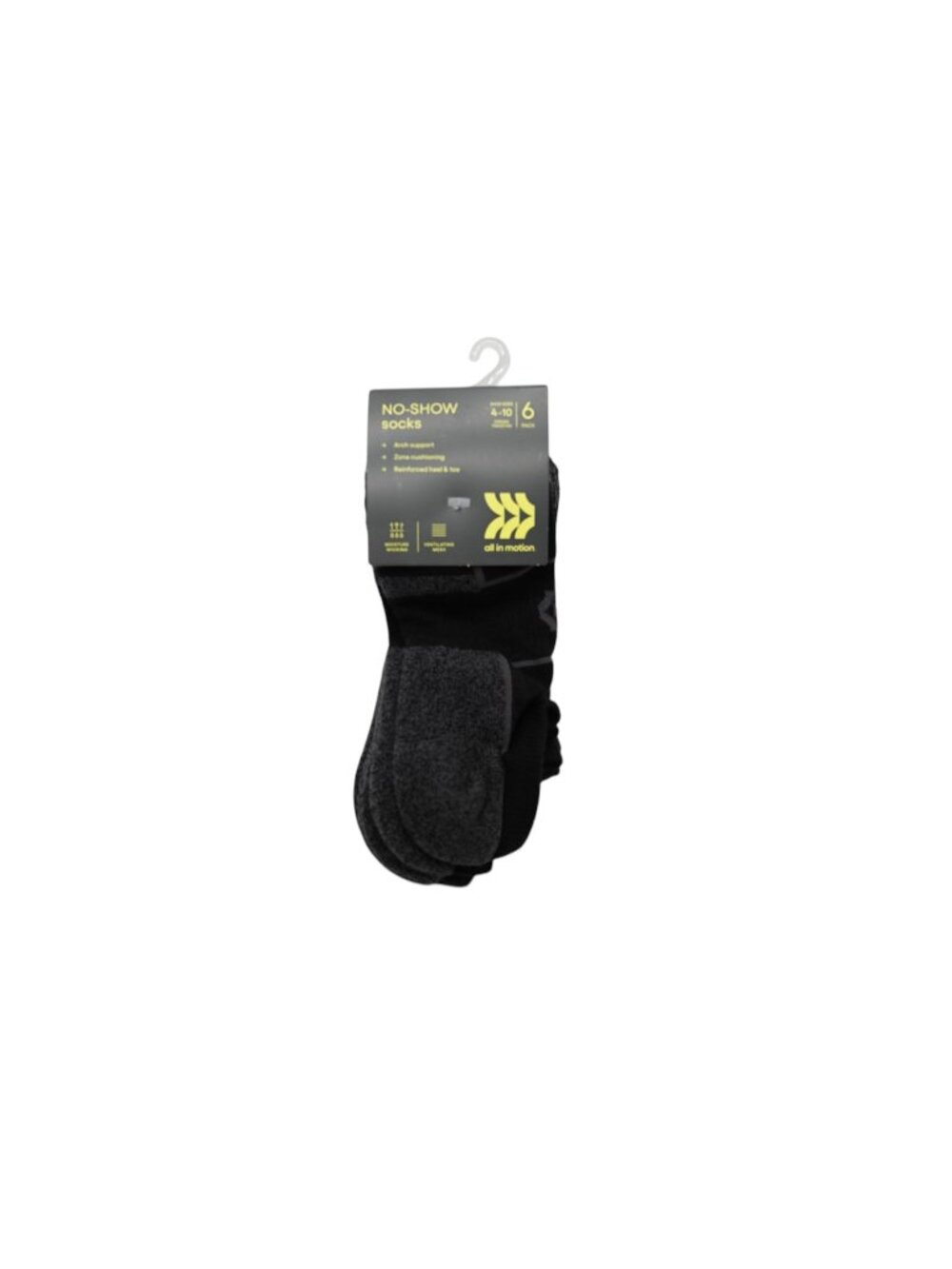 NIP All In Motion 6 Pack No Show Socks Sz 4-10 Arch Support Moisture Wicking
